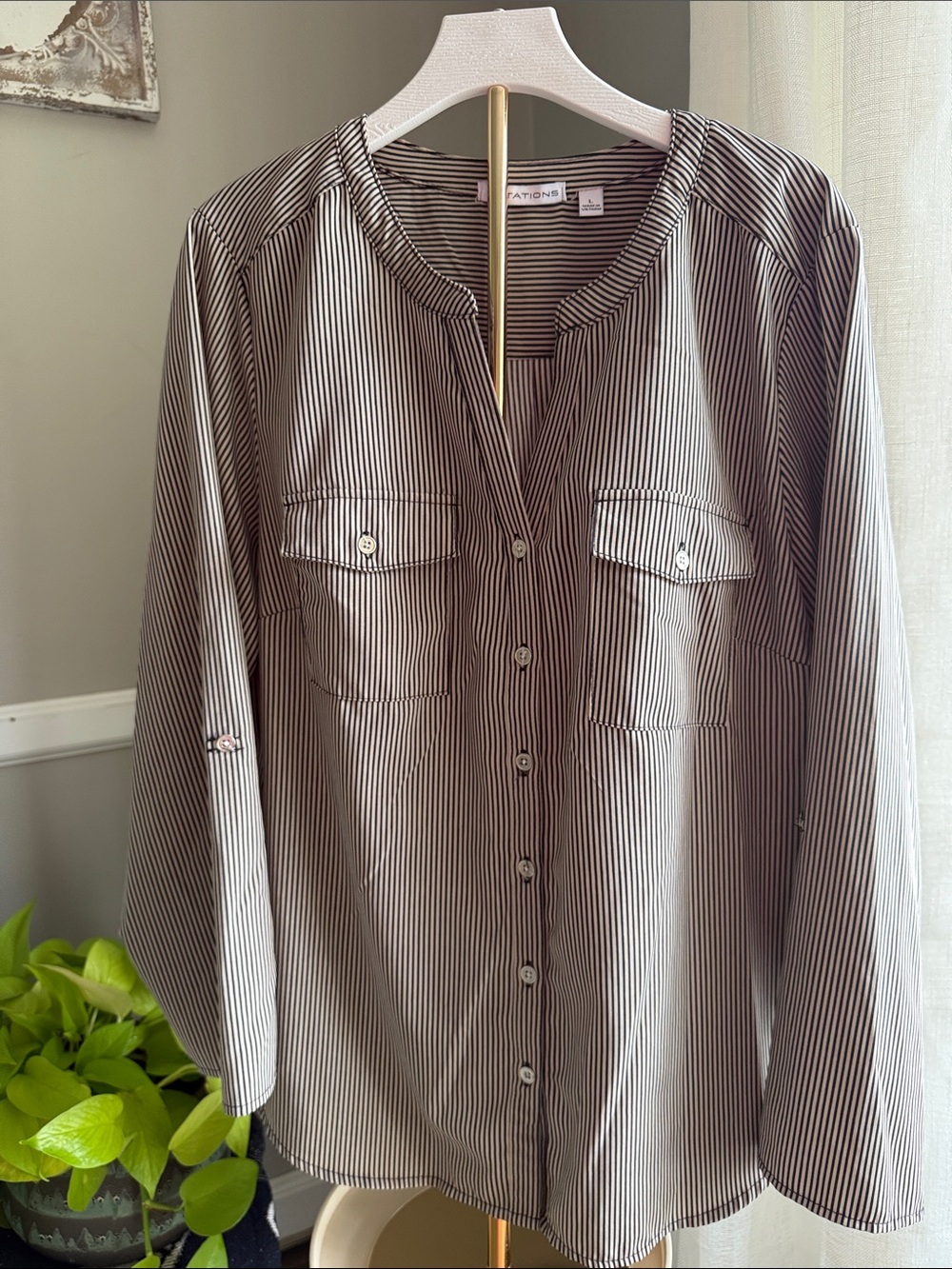 Notations Black and Tan Pinstripe Collarless Button-Down Shirt